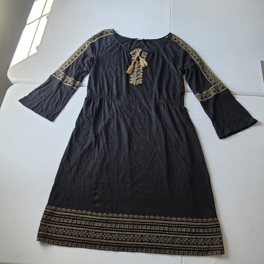 J Jill Dress Womens M Tall Black Embroidered Geometric Boho Shift Tassels